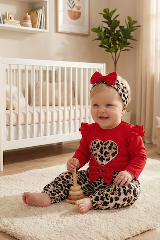 Babymod Leopar Desenli 3'lü Pamuklu Kız Bebek Takım Set Kırmızı