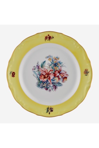 Çiçekli Sarı Porselen Pasta Tabağı 19 Cm