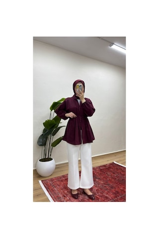 Moonsc Kadın Nervürlü Keten Tesettür Gömlek - Bordo