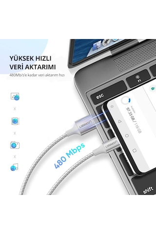 Ugreen 60133 USB-C to USB-A 3A QC Örgülü Hızlı Şarj Kablosu 2 Metre Gümüş Beyazı