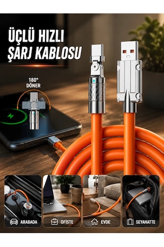 3 İn 1 Süper Hızlı Şarj Kablosu Android Ve İos Uyumlu Silikon Şarj Kablosu Renkli 60735389
