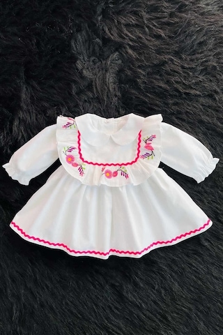 Nakış Ve Su Taşı Detaylı Beyaz Poplin Pamuklu Kız Çocuk Bebek Mevlüt Elbise 001