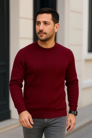 Defymoda Erkek Fitilli Triko Kazak 2 Li Set Siyah - Bordo, Kalın Dokuma Pamuklu Regular Fit Bisiklet Yaka U Siyah - Bordo