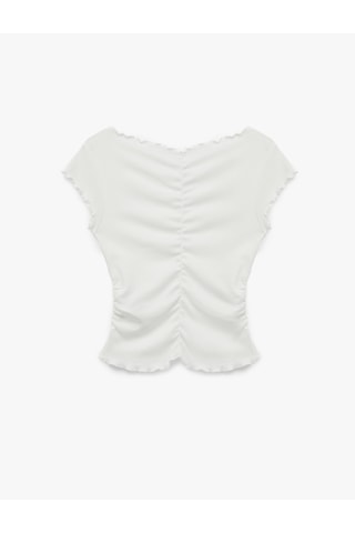 Koton Pamuklu Slim Fit Kısa Kollu V Yaka Büzgülü Tişört Ekru 6sal10913ık