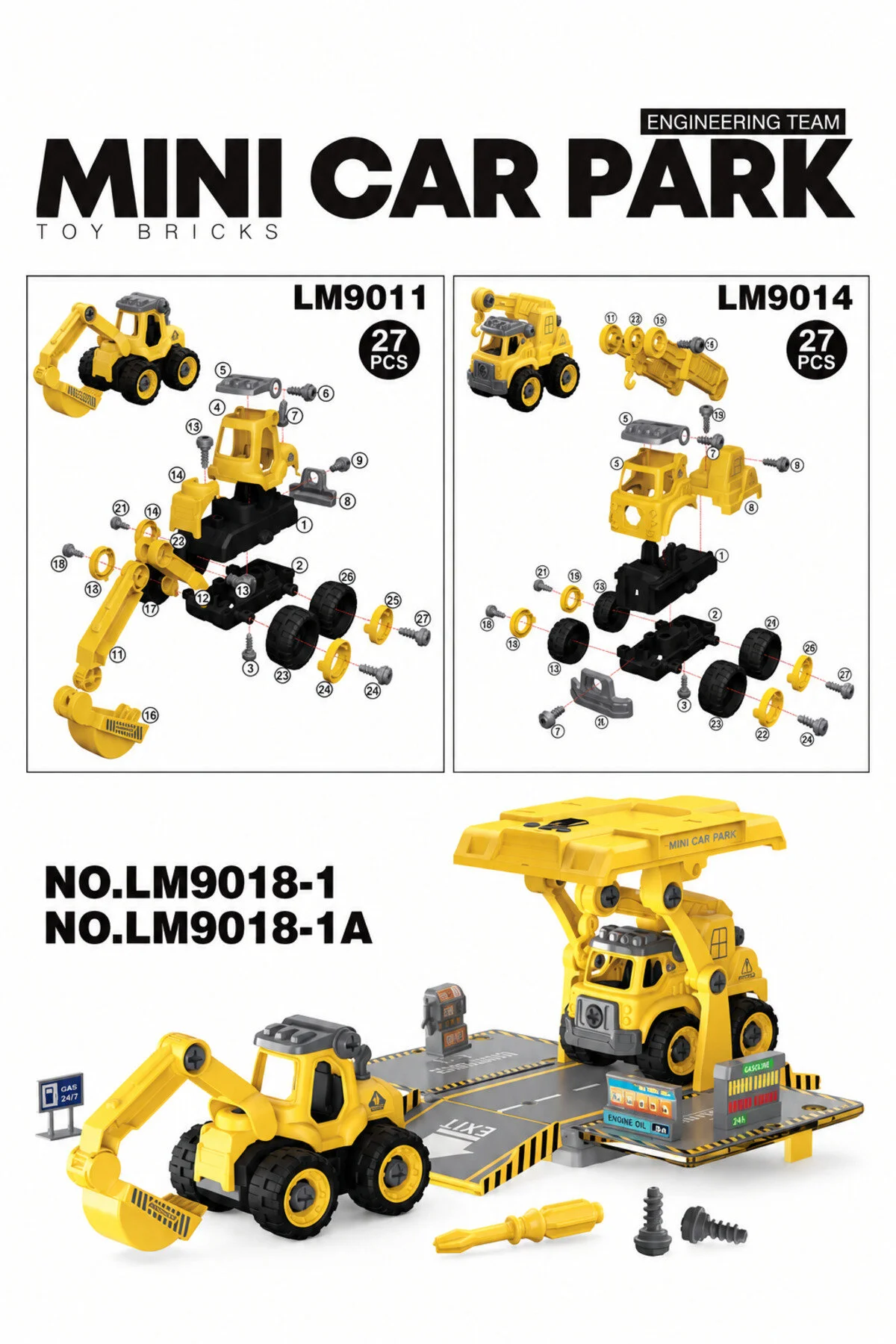 Metito Toys Sök-tak Otopark Seti, 70+ Parça, 2 Araç + 1 Otopark, Kancalı İş Makinesi Ve Vinçli, 3+ Yaş Hardal Sarısı