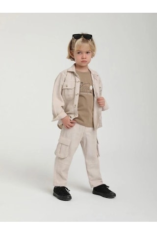Erkek Çocuk Kargo Cepli Keten Pantolon-15656 Bej