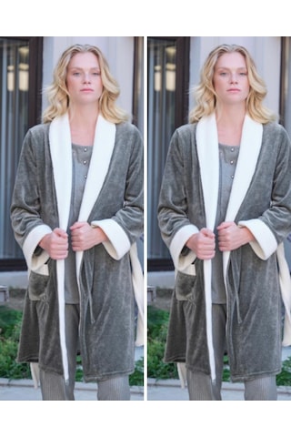 Bone Club 5511 Haki Kuzu Tüyü Kadife 3Lü Lohusa Pijama Sabahlık Tk