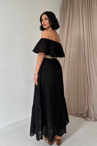Etiler Collection Siyah Omzu Lastikli Brode Elbise Siyah