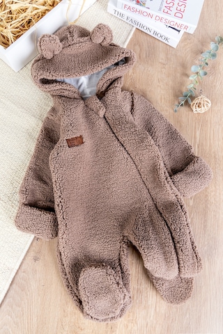Kapüşonlu Kendinden Eldivenli Welsoft Kışlık Kız/erkek Bebek Tulum Kahverengi