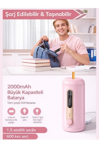 Va10 Pembe Şarjlı Otomatik Elektrikli Kalemtıraş 2000mah 5 Kademe Uç Ayarlı, 6.9-12mm Jumbo Uyumlu, Type-c, Geniş Hazneli