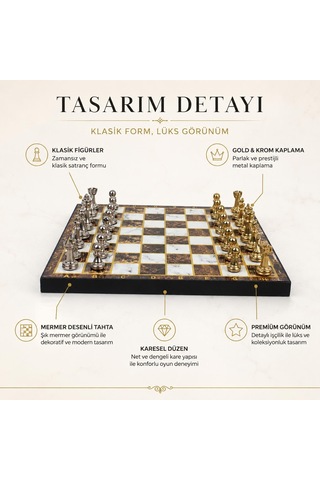 Lüks Metal Satranç Takımı Krom Figürlü 20x20 Cm Kehribar Tahta Dekoratif Koleksiyon Hediye Seti Özel