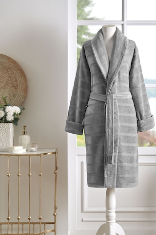 Sadem Organik Stripe Şal Yaka Bornoz Gri