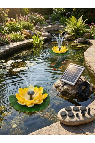 Güneş Enerjili Sarı Lotus Çiçekli Solar Fıskiye - Dekoratif Bahçe Süs Havuzu - Havuz Süsü