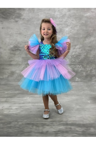 Kız Çocuk Tütü Etekli Deniz Kızı Elbisesi Mavi 2102 Mavi