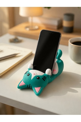 Yeşil Kedi Figürlü Telefon Tutucu Stand - 3d Baskı Ofis Masaüstü Aksesuarı Ve Biblo