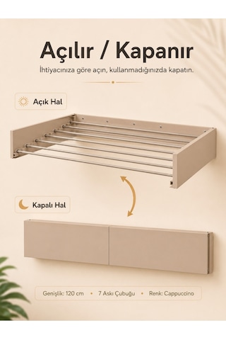 Çamaşır Kurutma Askısı Katlanır Duvara Monte Balkon Banyo Askılık Duvar Tipi Yer Tasarruflu Çamaşırlık 120 Cm Belize Cappucino