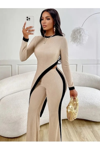 Asfstore Kadın Uzun Kollu Bisiklet Yaka Asimetrik Kesim Bluz Şardonlu Kaşkorse Bluz Ve Pantolon Ikili Takım Bej