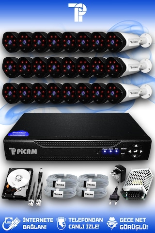 Picam 24 Kameralı Uzay 24 Dış Kamera Set 2 TB HDD Full HD Gece Görüşlü Güvenlik Kamerası Sistemi