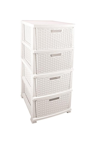 Omnipazar Srl-4002 Rattan Hasır Desen Plastik Komidin Mutfak Sebzelik 4 Katlı Beyaz