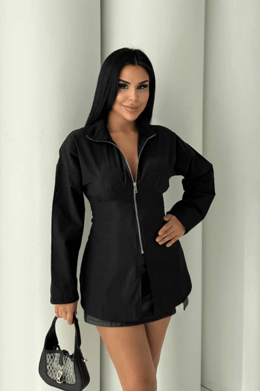 Kadın V Yaka Fermuarlı Gömlek Siyah