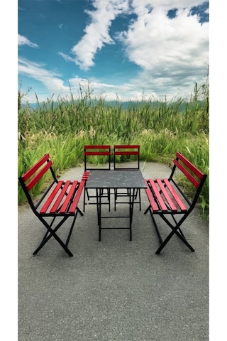Modern 2-2-1-1 Balkon Bahçe Mutfak Bistro Set Katlanır Masa-sandalye 6 Kişilik Kırmızı