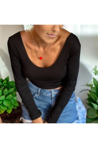 İbeeka Yeni Sezon Prenses Yaka Siyah Renk Uzun Kollu Pamuklu Body / Bluz Siyah