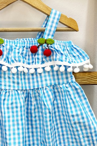 Kız Çocuk Askılı Elbise Dantelli Ekose Desenli B14 Mavi