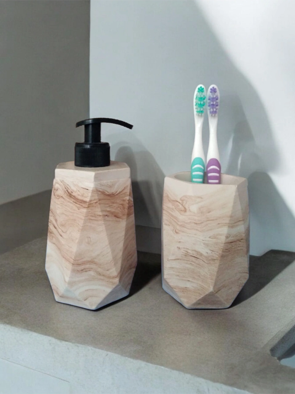 Marble Bej Sıvı Sabunluk Ve Diş Fırçalık Bej