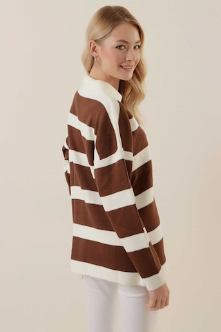 Gabria Fermuarlı Çizgili Kazak Kahverengi