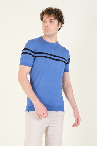 Giyim Dünyası Erkek Sıfır Yaka Çizgili Merserize T-shirt İndigo 001