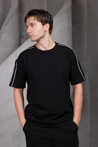 Erkek Şeritli Oversize Bisiklet Yaka 2 İki İplik Kompakt T-shirt Siyah