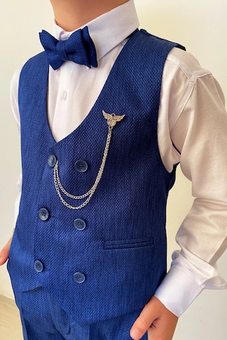 Erkek Çocuk Takım Elbise Papyonlu Yelekli Takım Elbise Saks Mavi