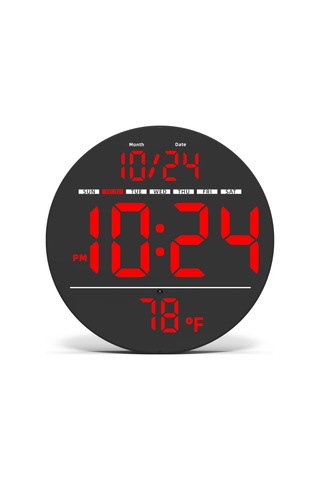 Llr083 20 Cm Çaplı Çok İşlevli Led Dijital Duvar Saati, Sıcaklık, Tarih, Hafta Göstergeli - Kırmızı Kırmızı