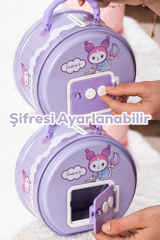 Porsima 040-1 Metal Şifreli Kilitli Yuvarlak Kumbara Lila 15x15cm