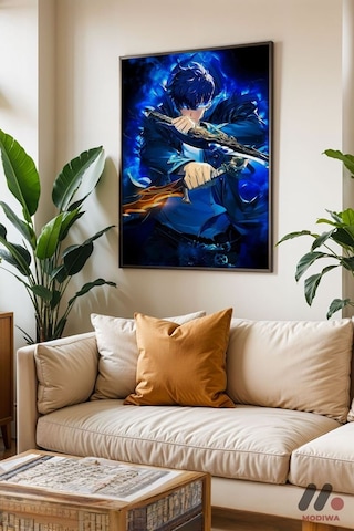 Demon Slayer Mavi Savaşçı Poster, Siyah Çerçeveli Duvar Tablosu - Anime Severlere Özel Hediye