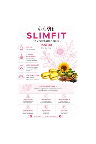 Helovit Slimfit 1300 Mg 12 Bitkisel Yağ İçeren Takviye Ve Yağ Yakım Desteği 30 Softjel