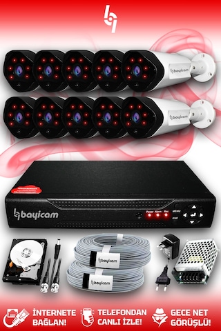 Bayicam 10 Kameralı Uzay 10 Dış Kamera Set 2 TB HDD Full HD Gece Görüşlü Güvenlik Kamerası Sistemi
