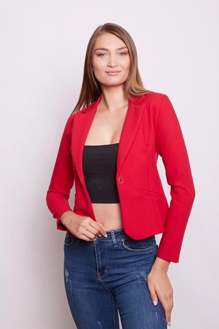 Yakalı Flato Cepli Uzun Kol Pamuklu Kumaş Kısa Blazer Ofis Ceket -kırmızı Kırmızı