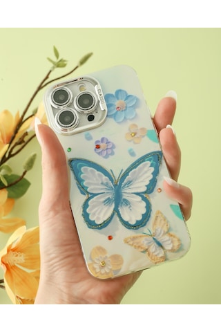Apple Uyumlu iPhone 15 Promax Lens Korumalı Simli Kelebekli Çiçekli Kılıf