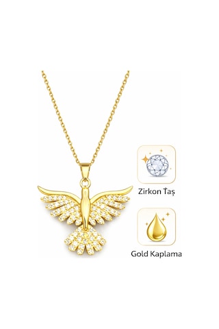 Taşlı Melek Kanadı Kolye Gold Renk Zirkon Taşlı Kadın Kolye Gold