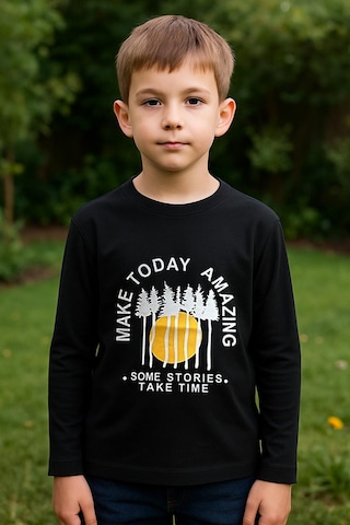 Erkek Çocuk %100 Pamuk Baskılı Uzun Kollu Tişört - Siyah 3-4 Yaş 8-9 Yaş SIYAH