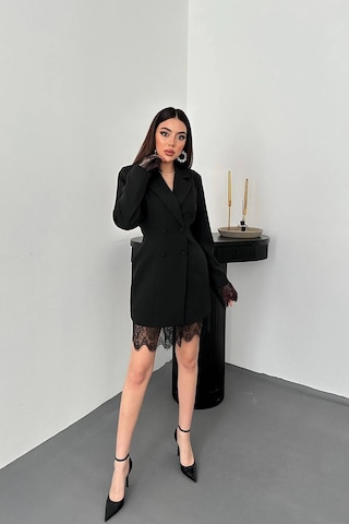 Cemo Kadın Kruvaze Yaka Dantel Detaylı Blazer Elbise Siyah