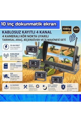 10 İnç Dvr 4 Kameralı Kablosuz Dokunmatik Ahd 1080p Bsd Kör Nokta Uyarı 12 24 Volt