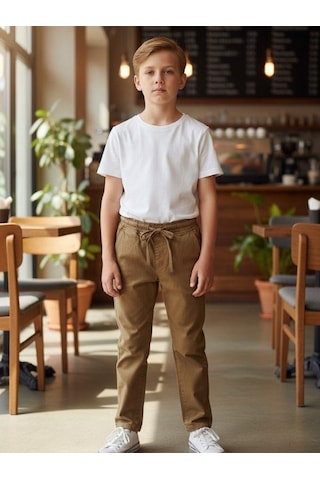 Zekids Erkek Çocuk Esnek Kumaş Beli Lastikli Pantolon-16399 Bej