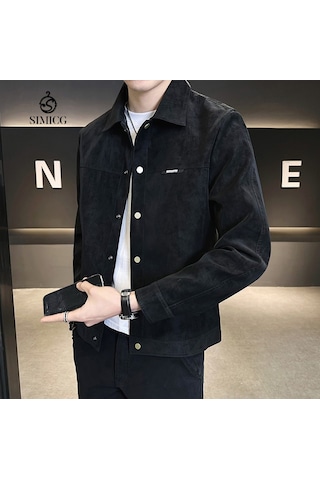 İlkbahar Ve Sonbahar İçin Yeni Üst Düzey Yaka Süet Erkek Ceketi Siyah