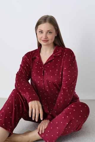 Battal Estiva Puantiyeli Önden Düğmeli Kadife Bayan Pijama Takım Bordo