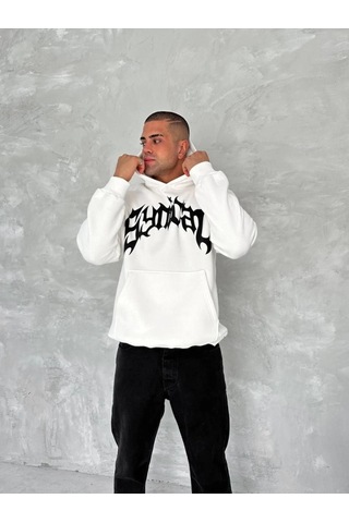 Valensdesign Unisex Üç İplik Kapşonlu Baskılı Sweatshirt - Beyaz