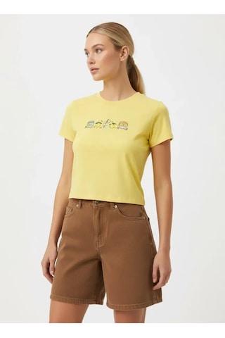 Park Karon 26025 Pamuk Desenli Crop Boy Bisiklet Yaka Örme Bluz Sari 40
