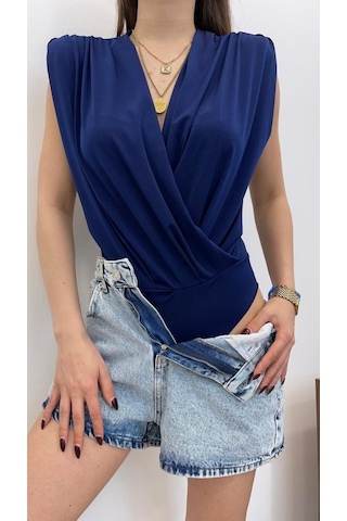 Soonaksesuar Kadın Sendy Kumaş Kruvaze Yaka Vatkalı Bluz Mavi