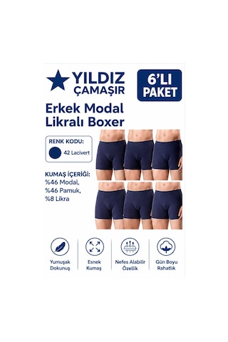 Yıldız Çamaşır Erkek Modal Likralı Boxer 36-37-38-39-40-41-42 - 6 Adet Lacivert
